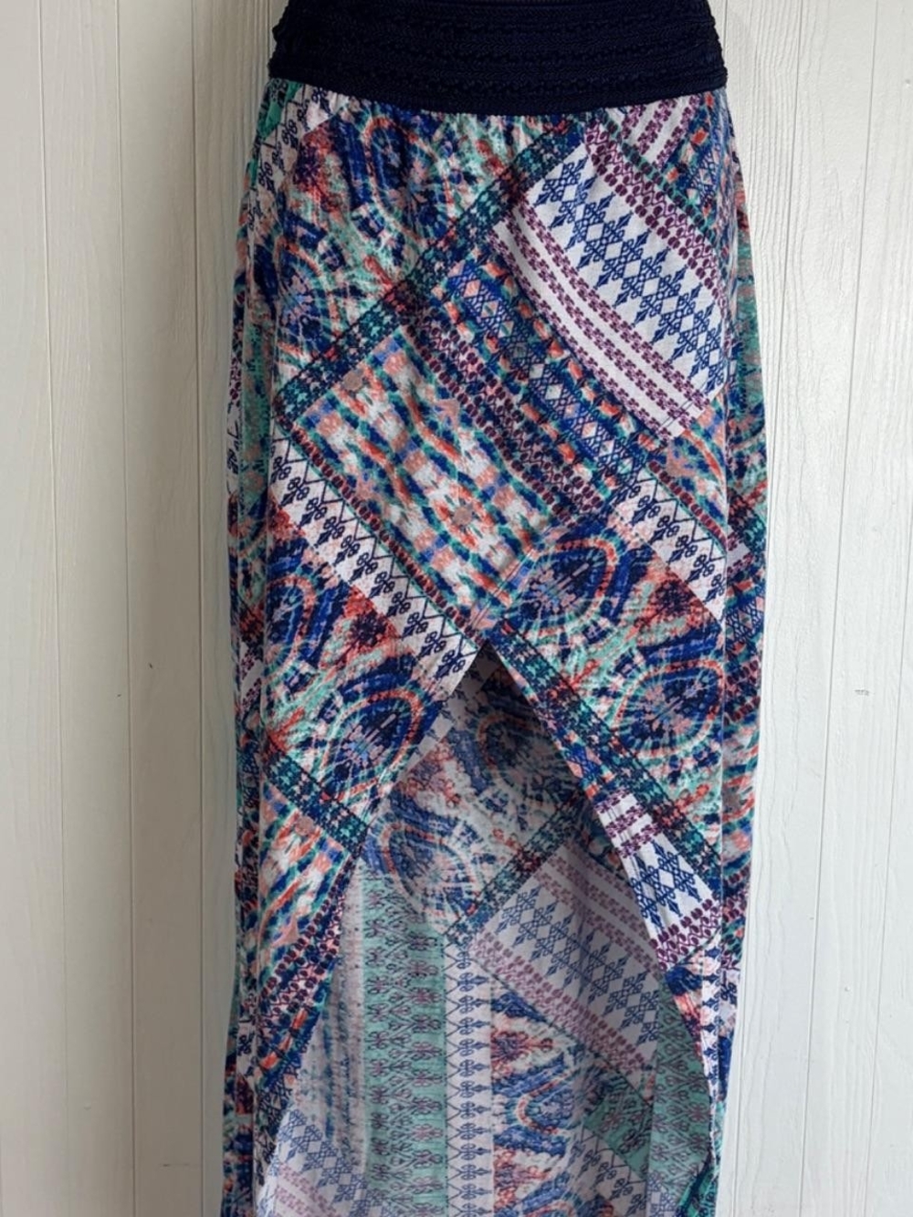Vanity Navy Crochet Waistband High-Low Skirt with Multicolor Print Lining